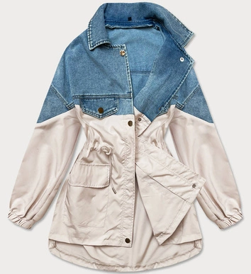 Luźna kurtka jeansowa z łączonych materiałów niebiesko-beżowa (b9791-50046)