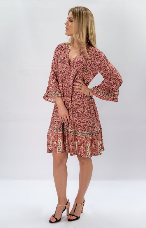 SUKIENKA BOHO W KOLOROWE KWIATKI RÓŻOWA (574/1ART)