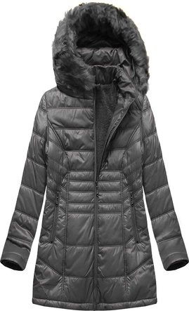 PIKOWANA DAMSKA KURTKA ZIMOWA Z KAPTUREM CIEMNOSZARA (B2617-30)