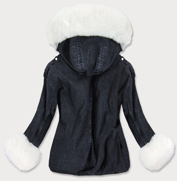 DAMSKA KURTKA JEANSOWA Z FUTRZANĄ PODPINKĄ CZARNO - BIAŁA (9023#)