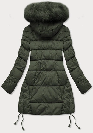 Pikowana damska kurtka zimowa z kapturem khaki (7690)