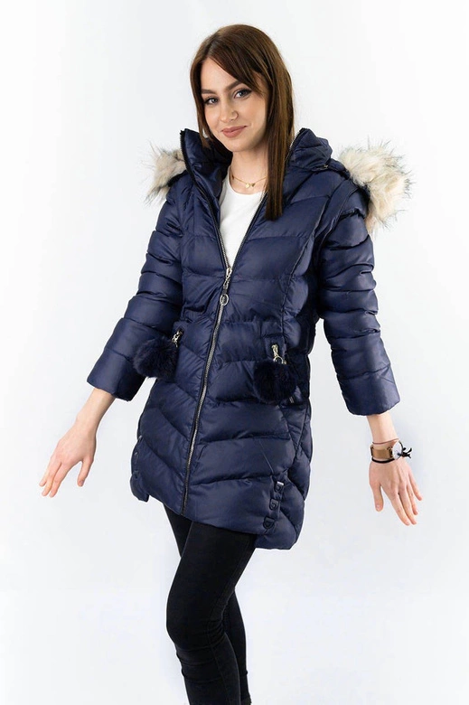 Zimowa kurtka damska z odpinanymi rękawami granatowa (w761)