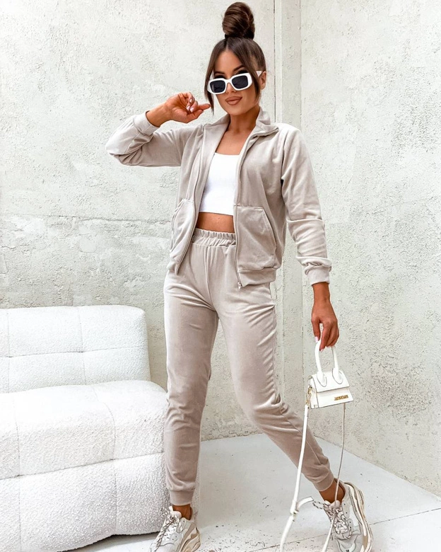 Welurowy komplet z rozpinaną bluzą beżowy (771)