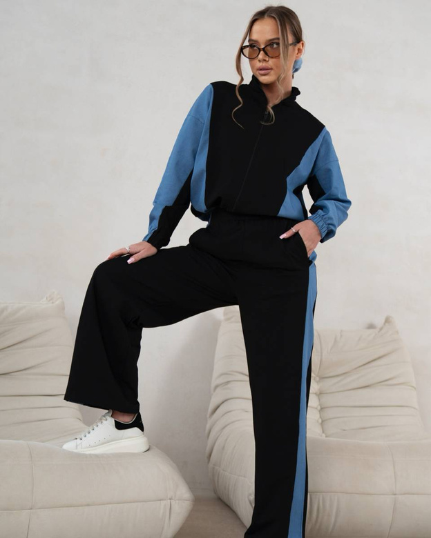 Komplet dresowy bluza na zamek + spodnie wide leg czarno-niebieski (821151)