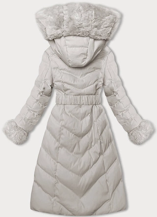 Zimowa kurtka damska z paskiem ecru (5M3156-254)