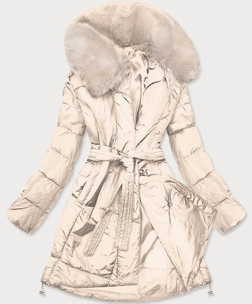 Damski zimowy płaszcz z futrem beżowy (008)