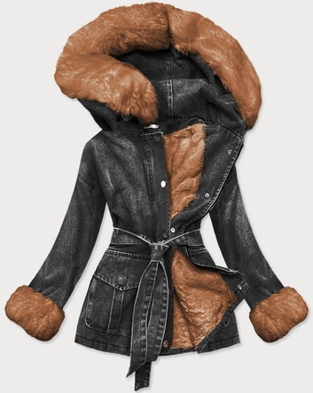 DAMSKA KURTKA JEANSOWA Z FUTRZANĄ PODSZEWKĄ CZARNO - KARMELOWA (9026#)