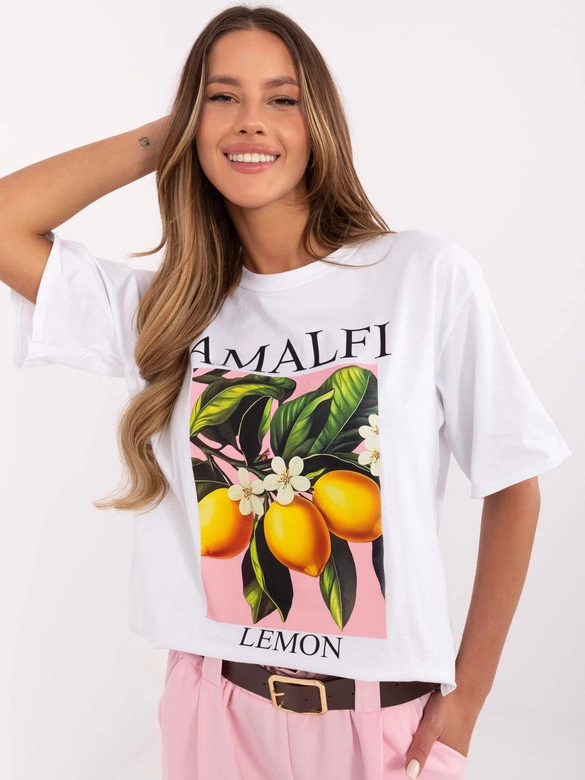 Bawełniany t-shirt damski z nadrukiem biały (M745-1)