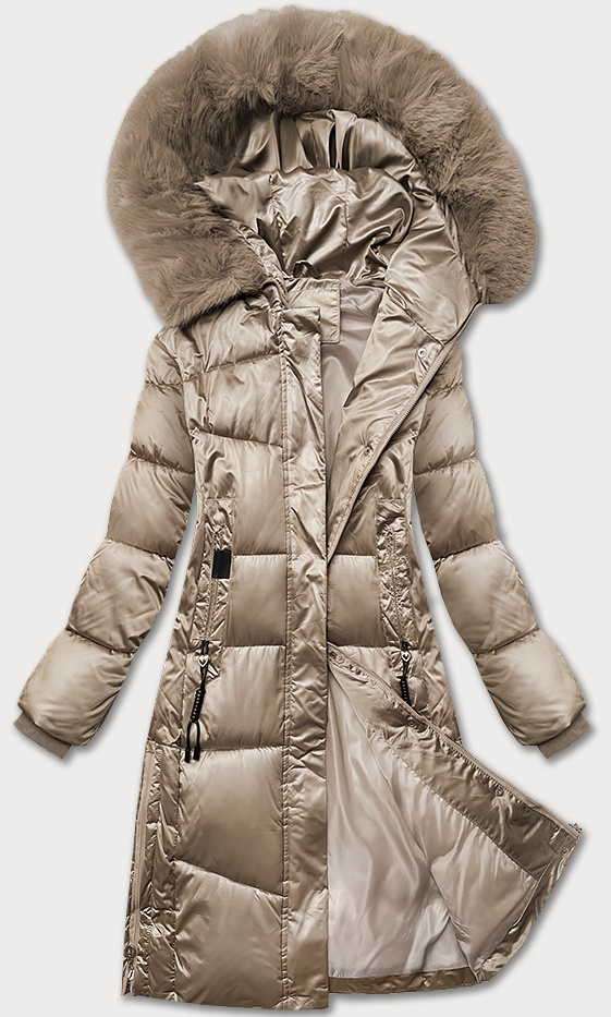 Zimowa pikowana kurtka plus size z kapturem S'west beżowa (B8267-12)