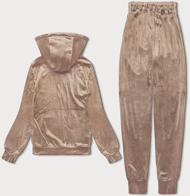 Welurowy dres damski z rozpinaną bluzą ciemny beż (8C1176-91)