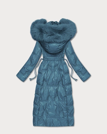 Długa pikowana damska kurtka zimowa niebieska (T2-2221#-30)