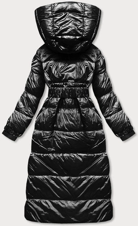 Długa damska kurtka z paskiem czarna (ag8-8002)