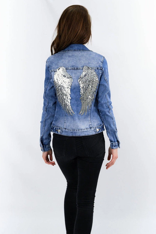 KRÓTKA DAMSKA KURTKA JEANSOWA Z CEKINAMI NIEBIESKA (5822-K)