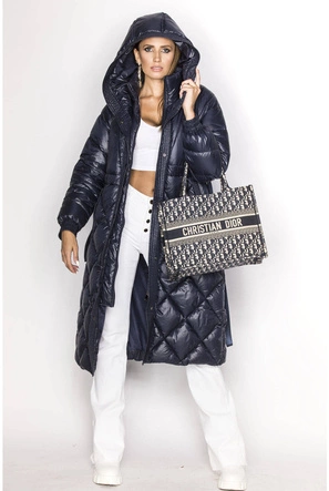 Długa kurtka puchowa damska granatowa (ag1-j9081)