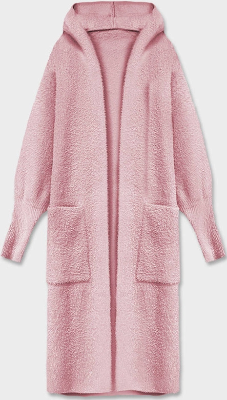 Długa wełniana narzutka alpaka z kapturem blady róż (M105)