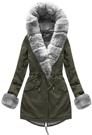 BAWEŁNIANA DAMSKA PARKA ZIMOWA Z FUTREM KHAKI (XW793X)