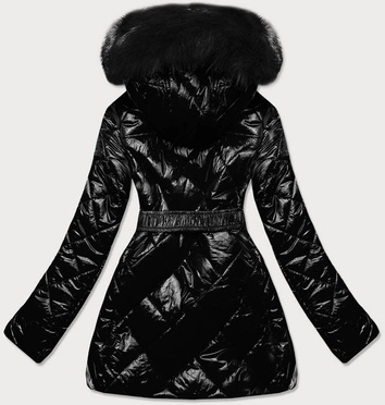 Błyszcząca kurtka zimowa na misiu czarna z czarnym futrem (w756)