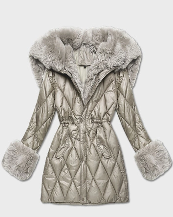 Kurtka z futrzanym kapturem tworzącym kołnierz beżowa (T3-2635#-62)