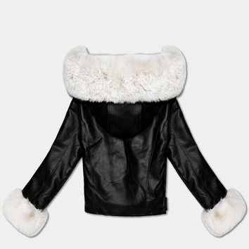 Damska ramoneska z futrzanym kapturem czarna/ecru (61M8506-392B)