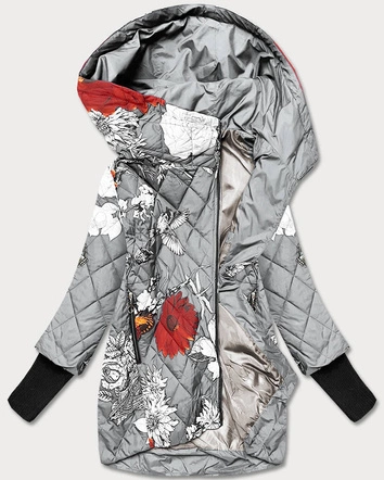 DAMSKA KURTKA W KWIATY SZARA (7703)