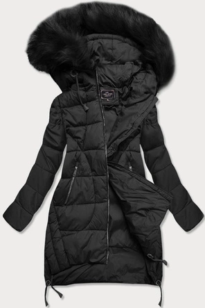 Pikowana kurtka zimowa damska z kapturem czarna (7709BIG)