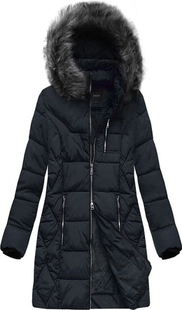 DŁUŻSZA ZIMOWA KURTKA DAMSKA Z KAPTUREM GRANATOWA (B9902)