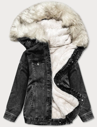 DAMSKA KURTKA JEANSOWA Z FUTRZANĄ PODPINKĄ CZARNO-ECRU (BR9588-1046)