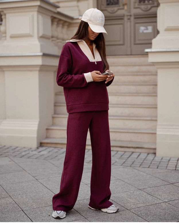 Bluza ze stójką i szerokie spodnie z kieszeniami bordo (VE107)