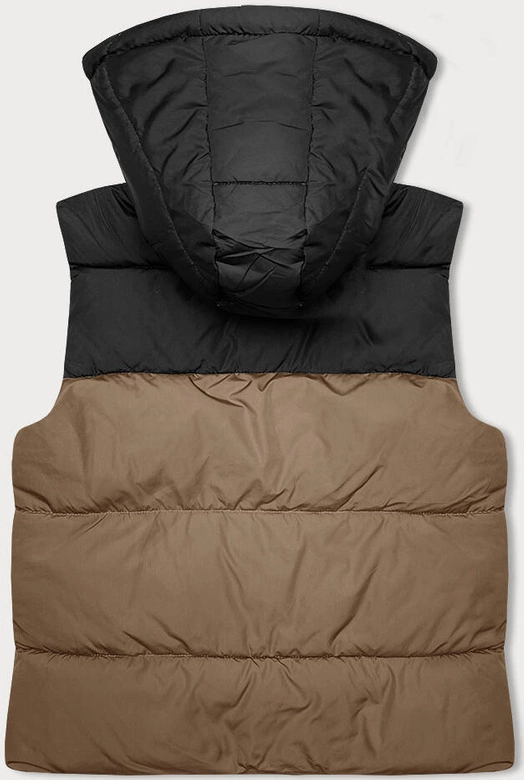 Krótka kamizelka damska z kapturem j.style ciemny beż-czarny (16M9112-84)