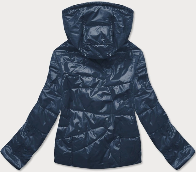 Krótka kurtka damska z kolorowym kapturem granatowo/różowa (bh2005)