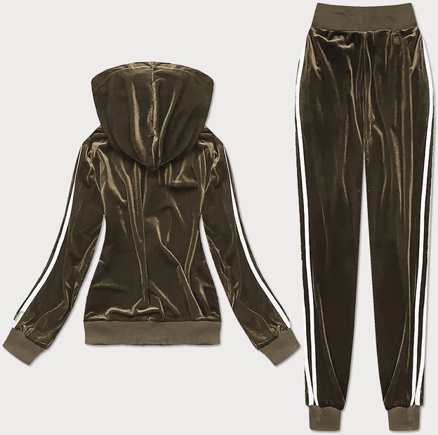 Welurowy komplet dresowy z lampasami khaki (YP-9964)