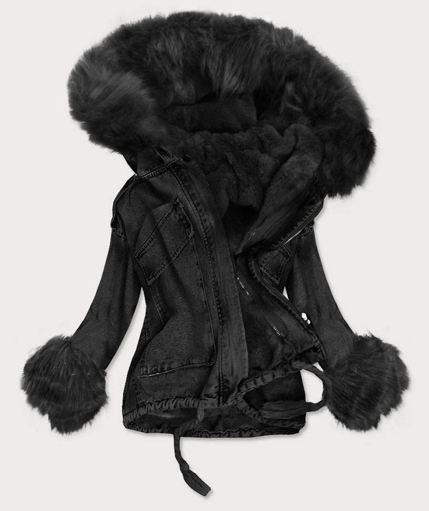 DAMSKA KRÓTKA KURTKA JEANSOWA Z FUTRZANĄ PODPINKĄ CZARNA (T2866)