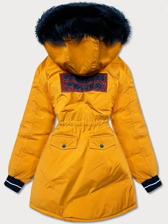 DAMSKA DŁUŻSZA ZIMOWA KURTKA Z KAPTUREM MUSZTARDOWA (M8-757)