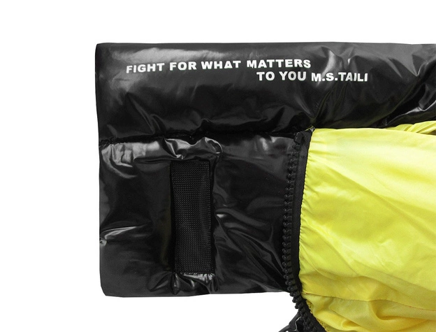 BŁYSZCZĄCY PŁASZCZ Z PUCHEM NATURALNYM CZARNO-ŻÓŁTY (H9178)