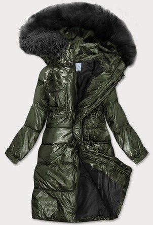 Damska metaliczna kurtka zimowa z kapturem khaki (8295)