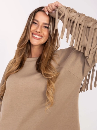 Luźna bluza damska z frędzlami ciemny beżowy (21695)