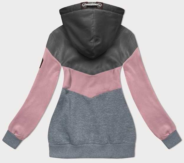 Trójkolorowa gruba bluza damska grafit-róż-szary (2303)