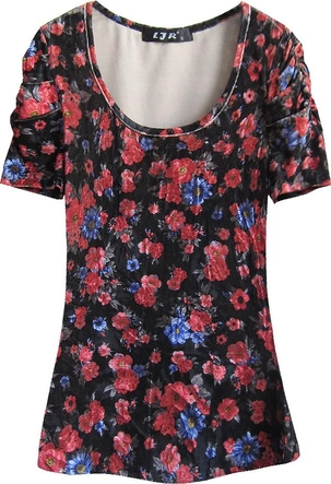 WELUROWA BLUZKA W KWIATY CZARNO-CZERWONA (3682/8)