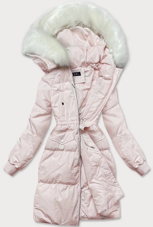 DAMSKI ZIMOWY PŁASZCZ Z KAPTUREM I PUCHEM NATURALNYM ŁOSOSIOWY (17117)