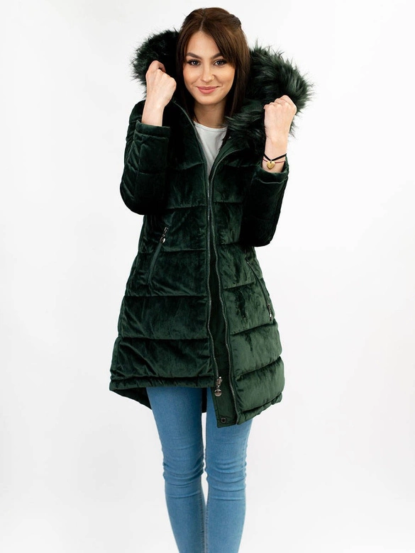 DWUSTRONNA DAMSKA PARKA ZIMOWA WELUROWA CIEMNOZIELONA (7911)