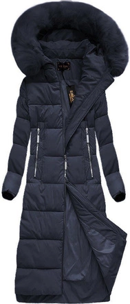 Długa damska kurtka zimowa z kapturem granatowa (7688BIG)