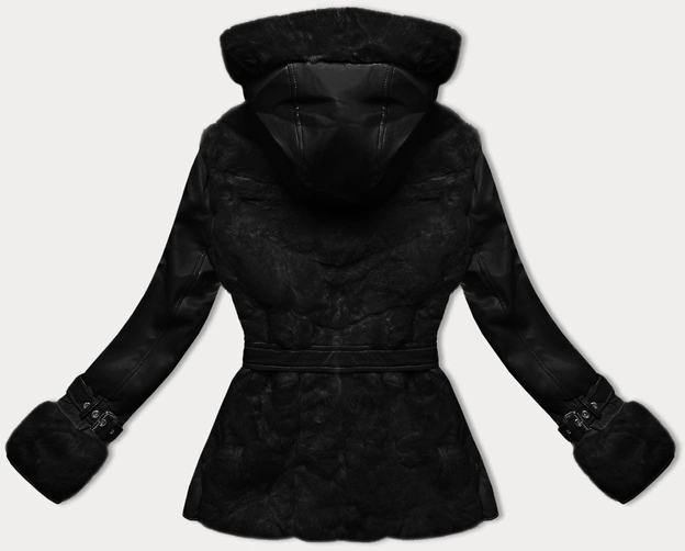 Futrzana kurtka damska z elementami z ekoskóry J Style czarna (11Z8173)