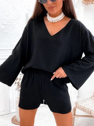 Lniany komplet bluzka oversize i szorty czarny (752)