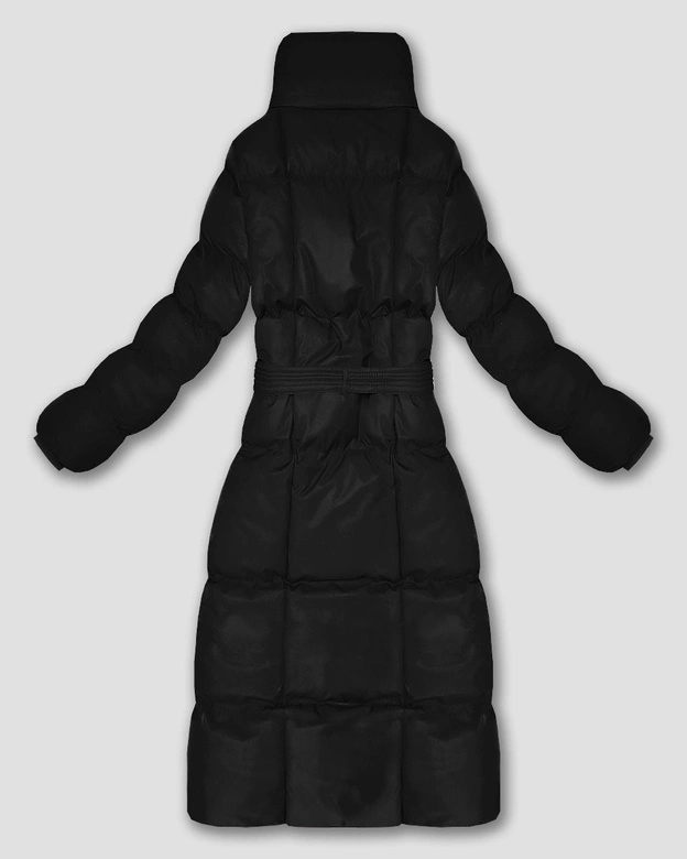 Długa zimowa kurtka damska z paskiem czarna (5M3327-392)