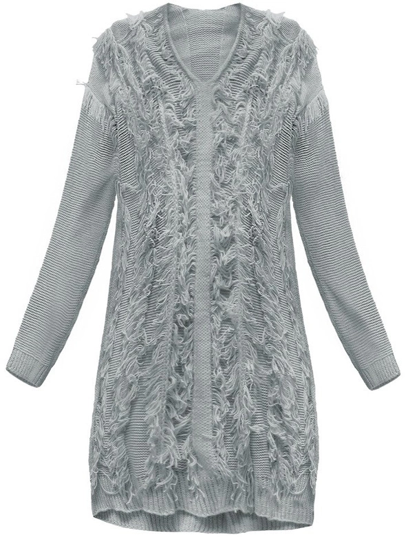 CIEPŁY SWETER Z FRĘDZLAMI JASNOSZARY (155ART)