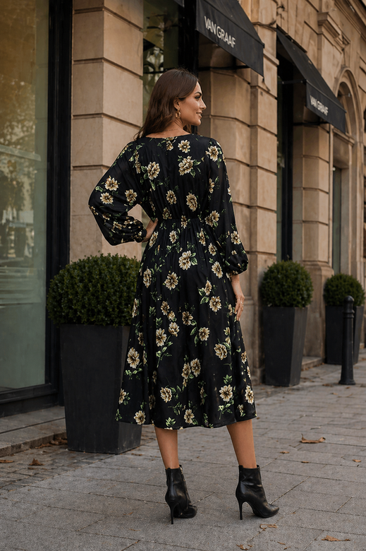 Sukienka w kwiaty typu kimono z okrągłym dekoltem Ann Gissy czarny/beż (XY202116)
