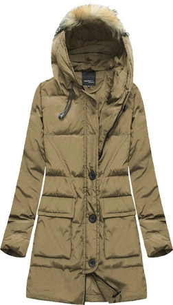 ZIMOWA PIKOWANA KURTKA DAMSKA Z PUCHEM NATURALNYM CIEMNOBEŻOWA (X1296X)