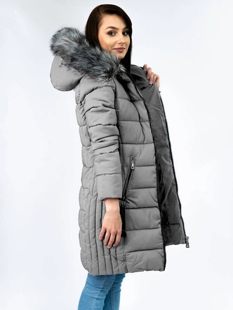 PIKOWANA DAMSKA ZIMOWA KURTKA Z KAPTUREM SZARA (B9501)