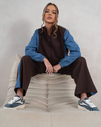 Komplet dresowy bluza na zamek + spodnie wide leg czekoladowo-niebieski (821151)