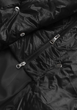 Długa damska kurtka z paskiem czarna (AG1-J9090)